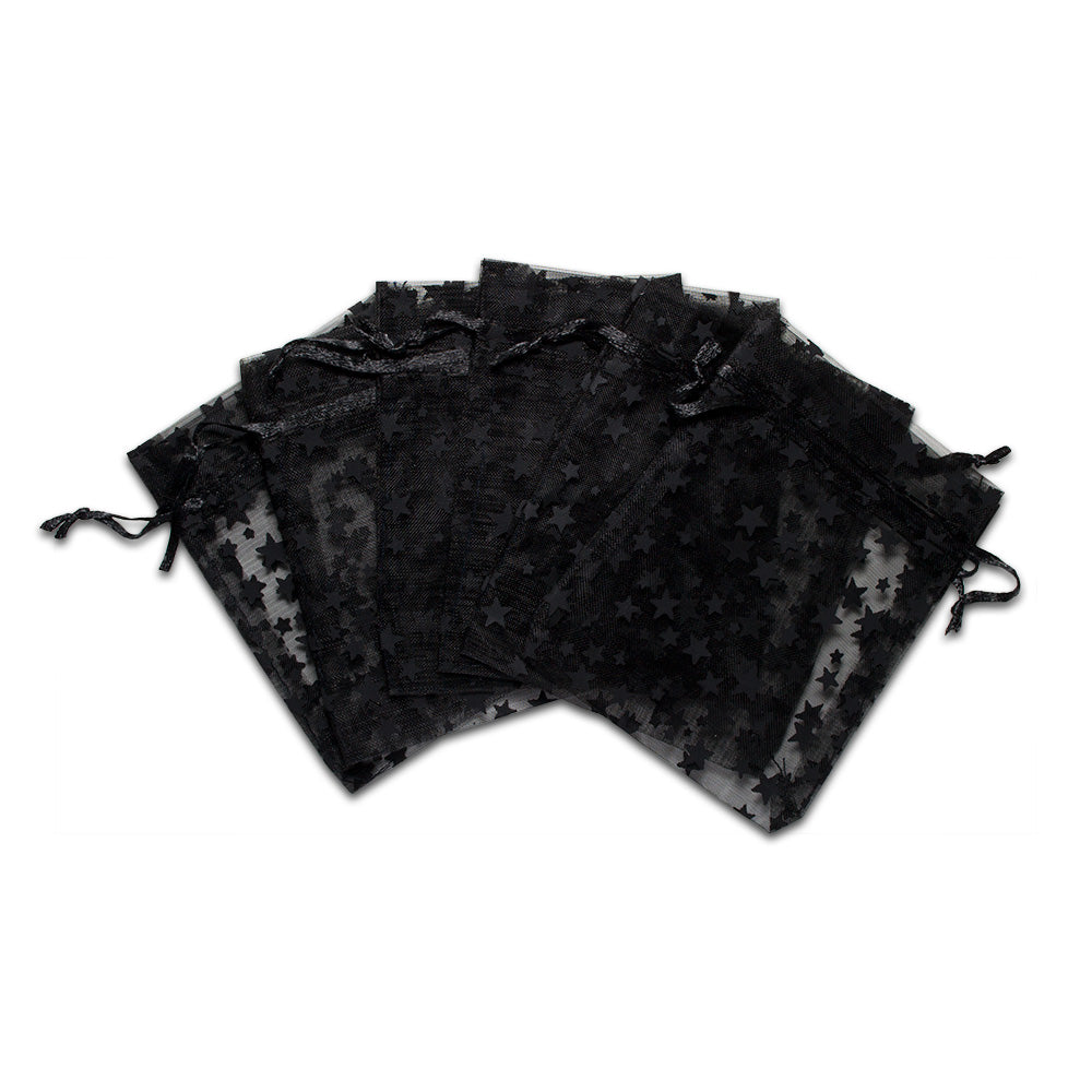 Black with Black Star Organza Drawstring Pouch Gift Bags