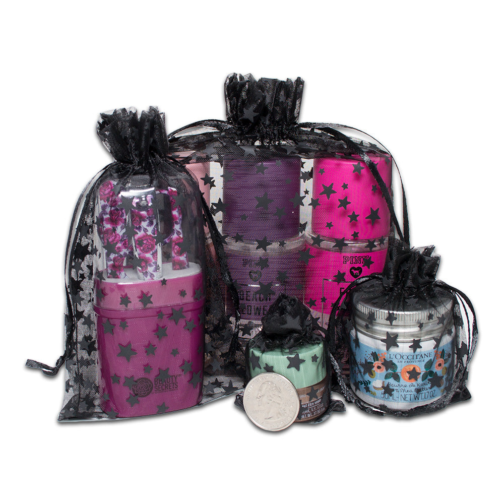 Black with Black Star Organza Drawstring Pouch Gift Bags