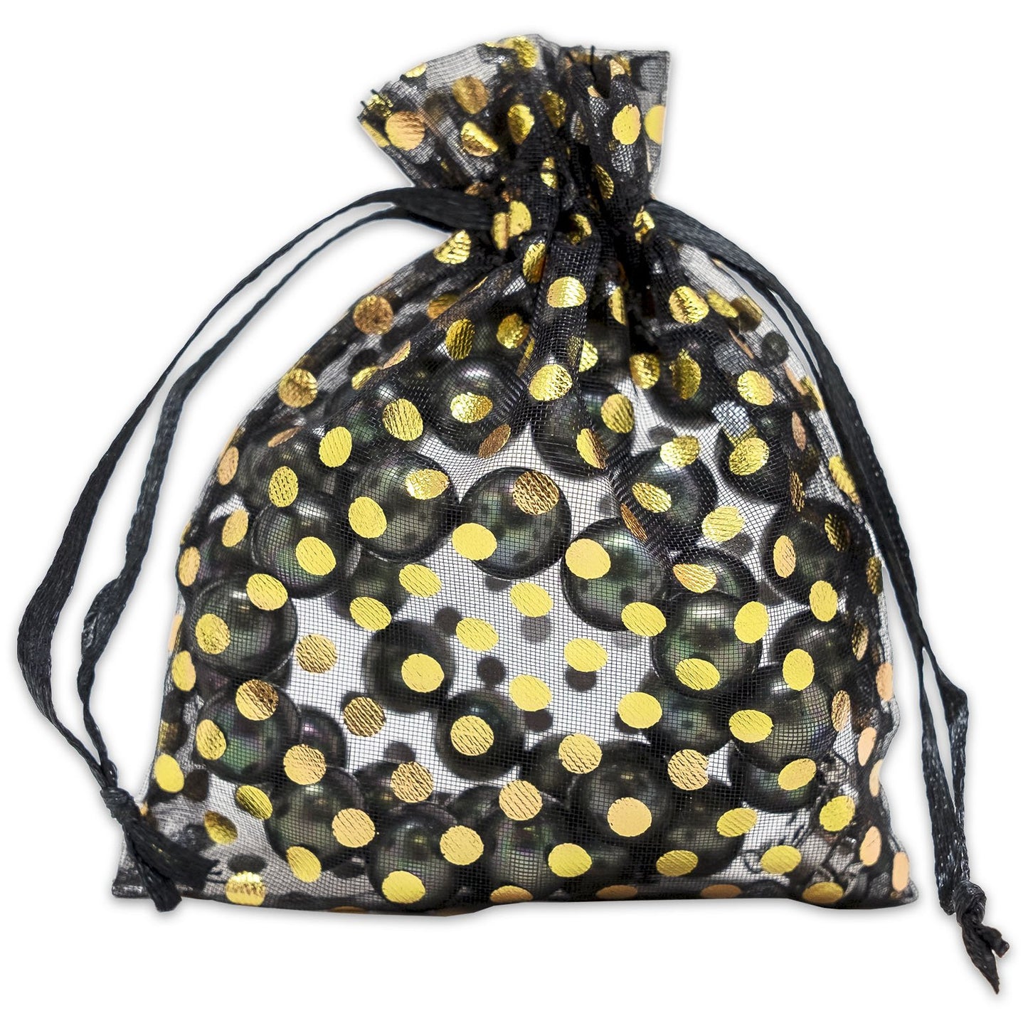 Black with Gold Polka Dot Organza Drawstring Pouch Gift Bags