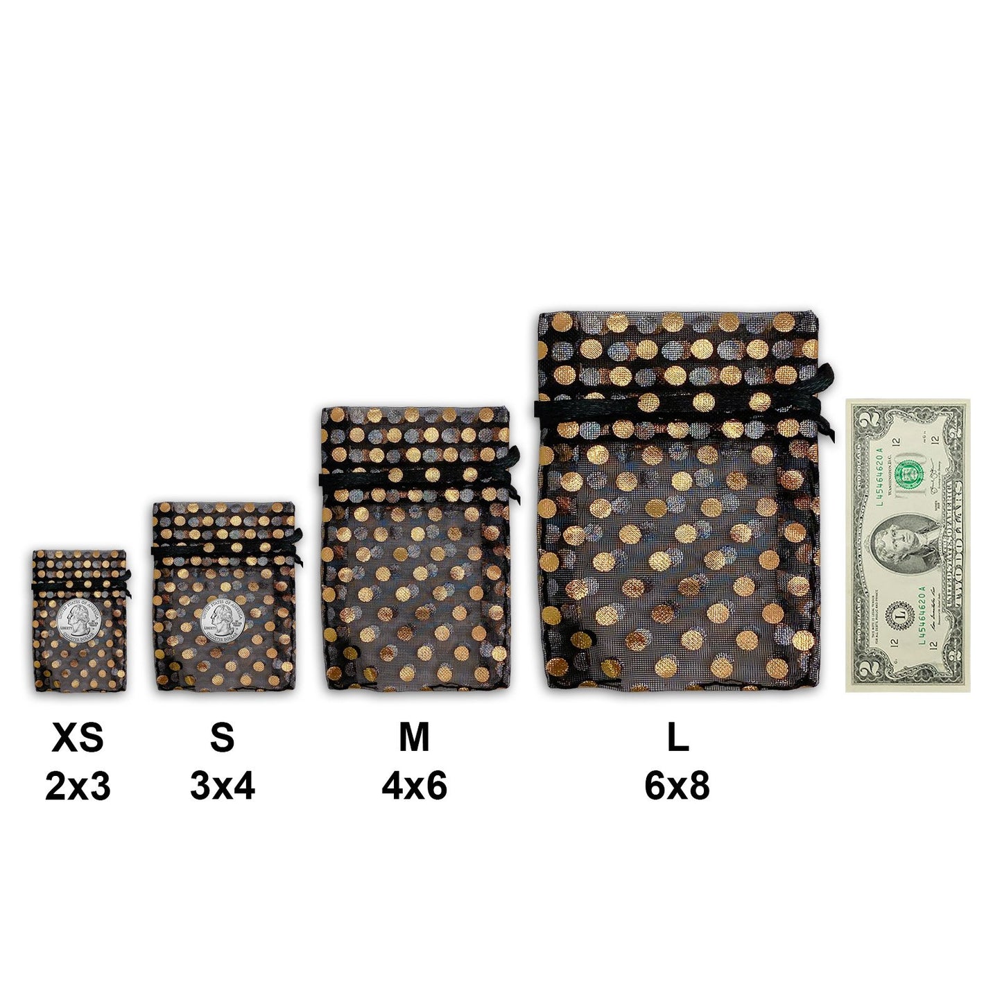 Black with Gold Polka Dot Organza Drawstring Pouch Gift Bags
