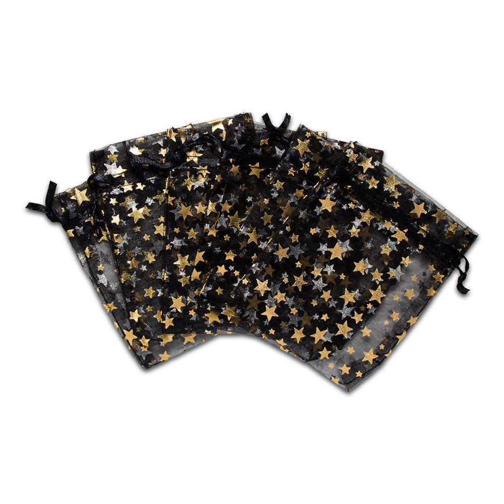 Black with Gold Star Organza Drawstring Pouch Gift Bags