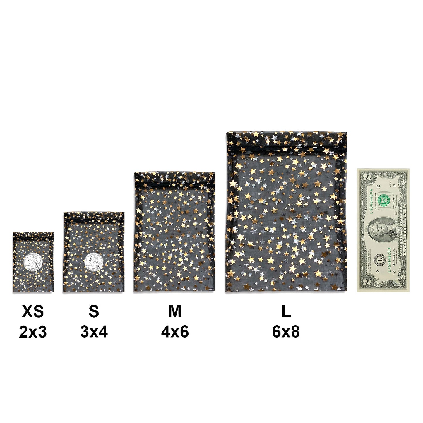 Black with Gold Star Organza Drawstring Pouch Gift Bags