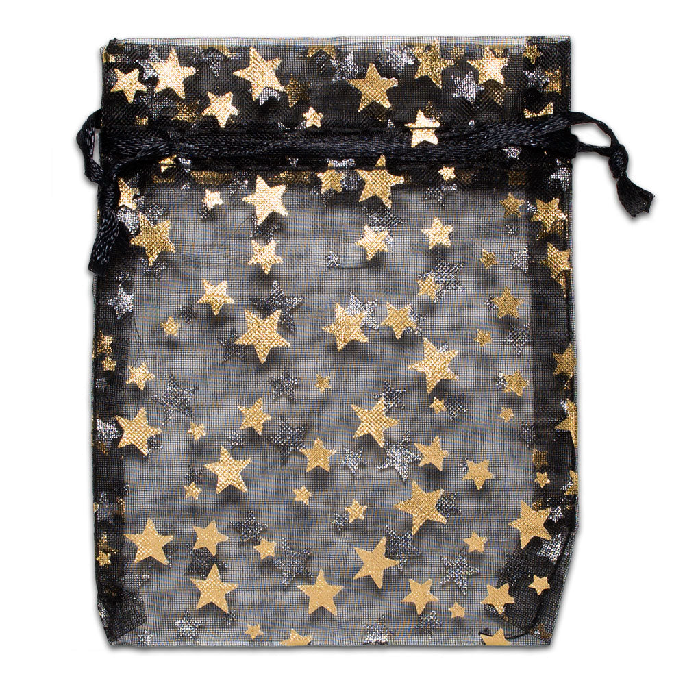 Black with Gold Star Organza Drawstring Pouch Gift Bags