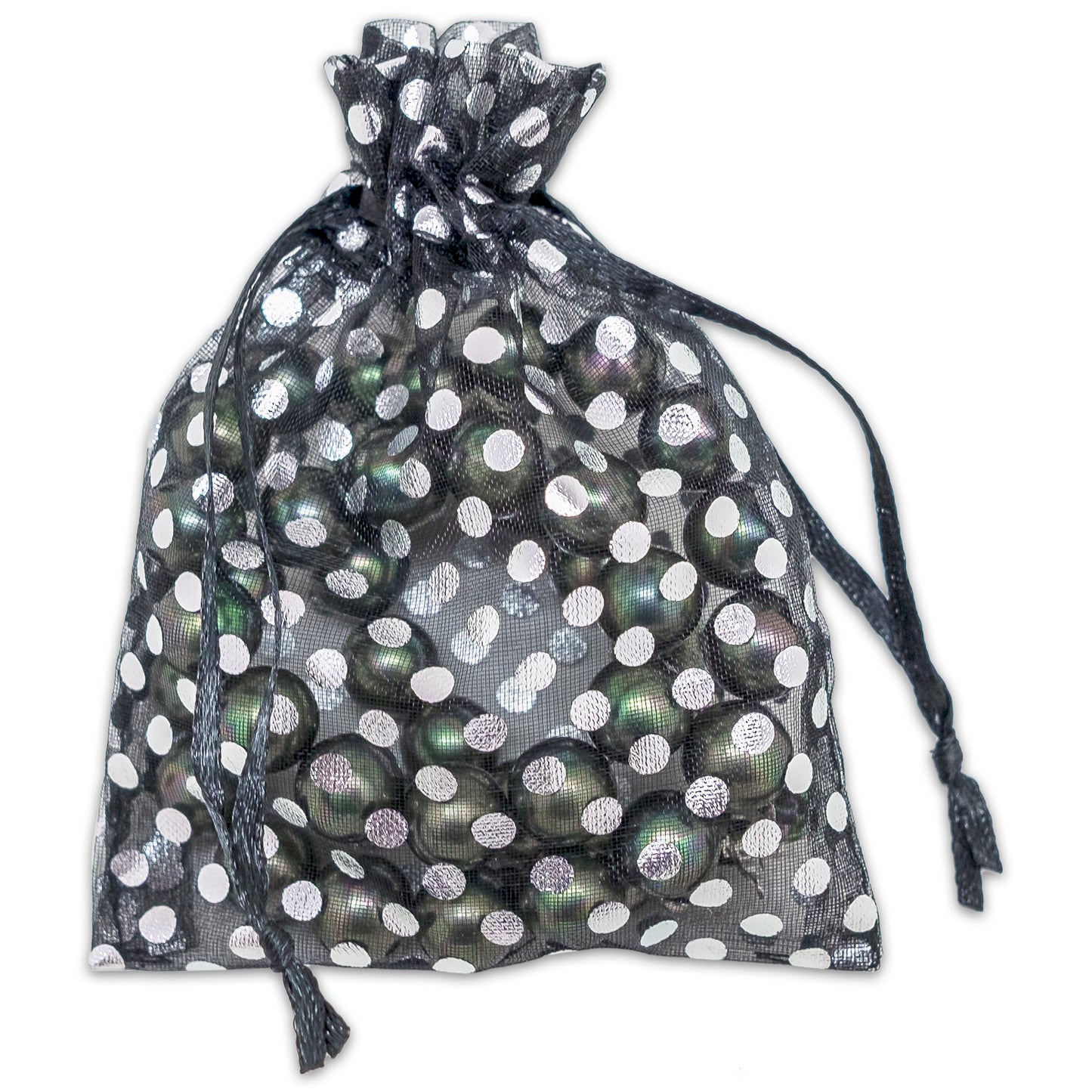 Black with Silver Polka Dot Organza Drawstring Pouch Gift Bags
