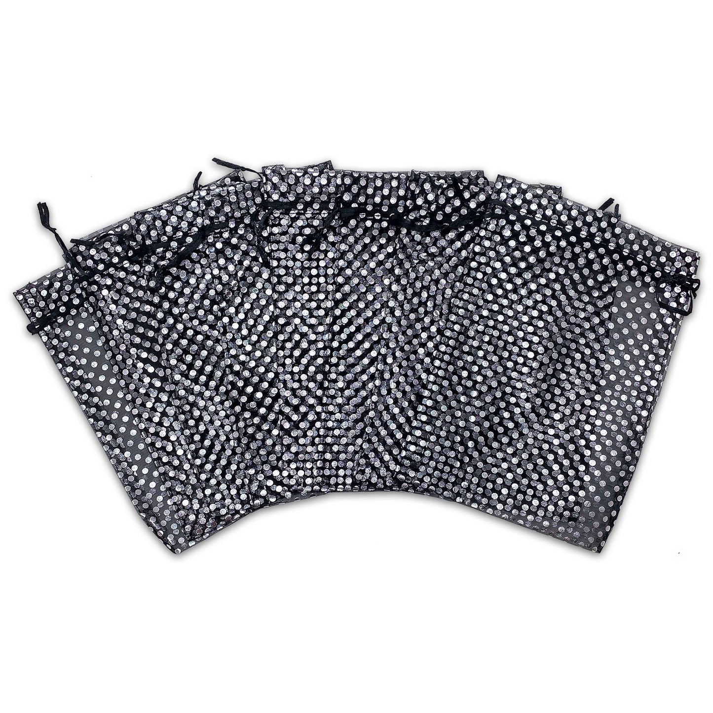 Black with Silver Polka Dot Organza Drawstring Pouch Gift Bags