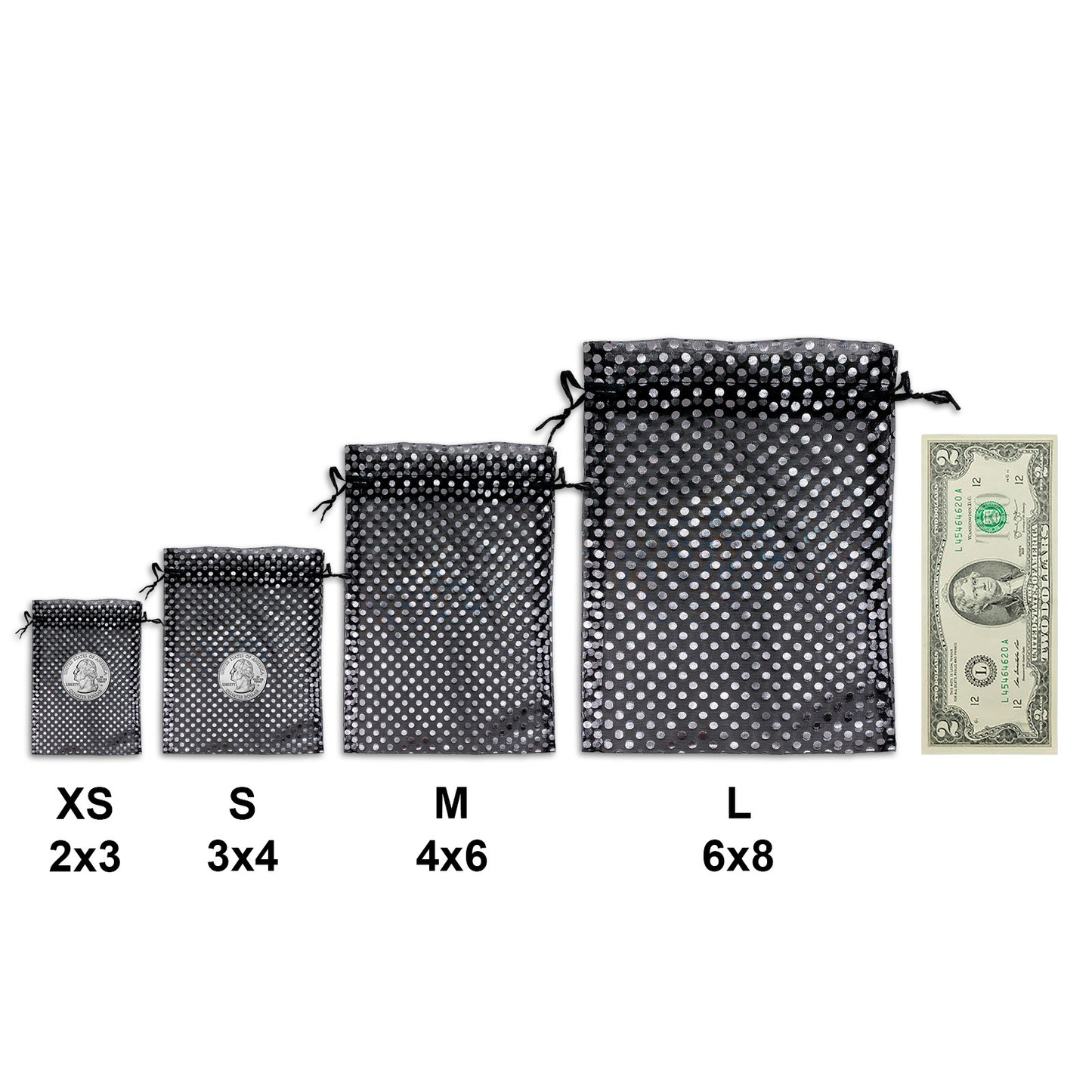 Black with Silver Polka Dot Organza Drawstring Pouch Gift Bags