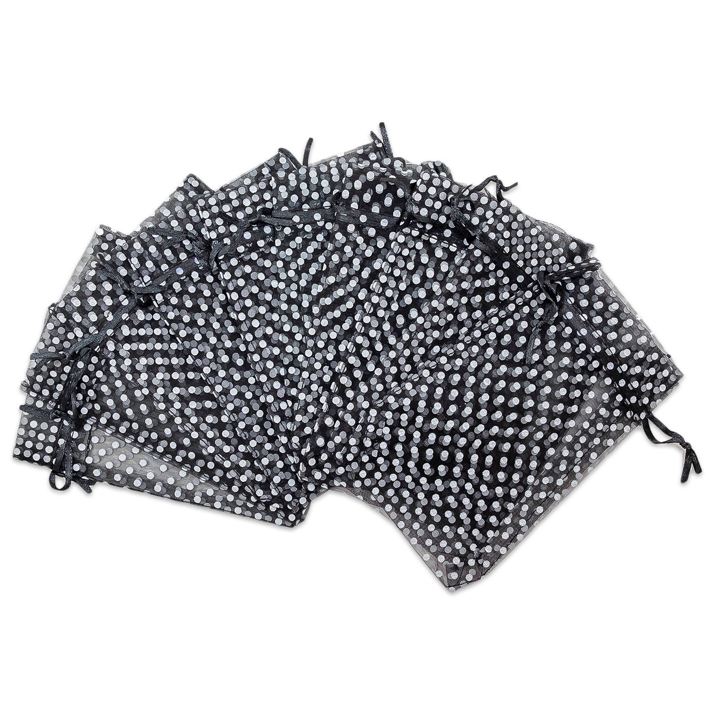 Black with White Polka Dot Organza Drawstring Pouch Gift Bags
