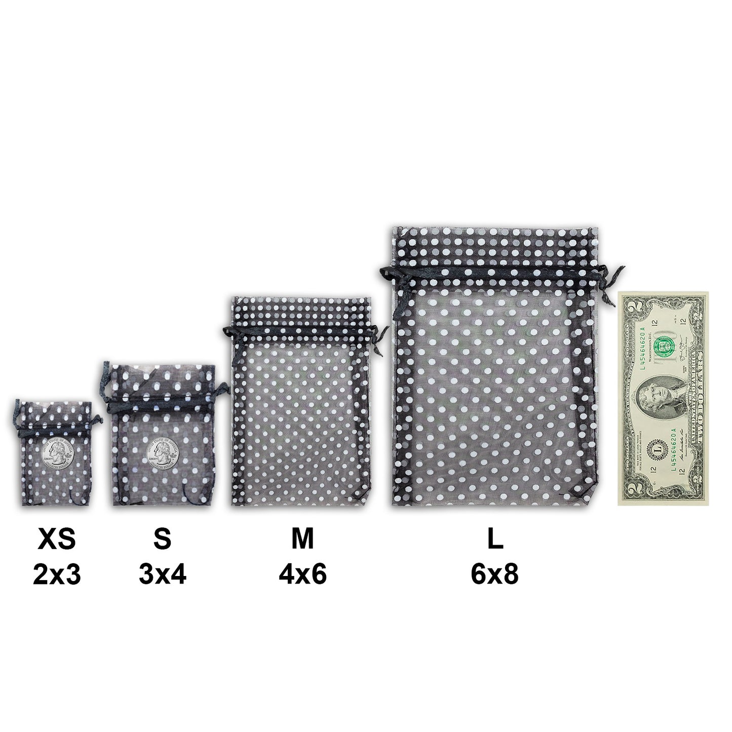 Black with White Polka Dot Organza Drawstring Pouch Gift Bags