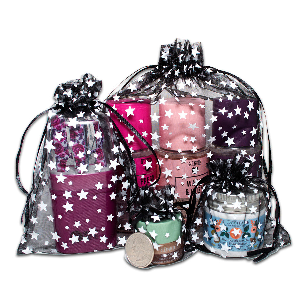Black with White Star Organza Drawstring Pouch Gift Bags