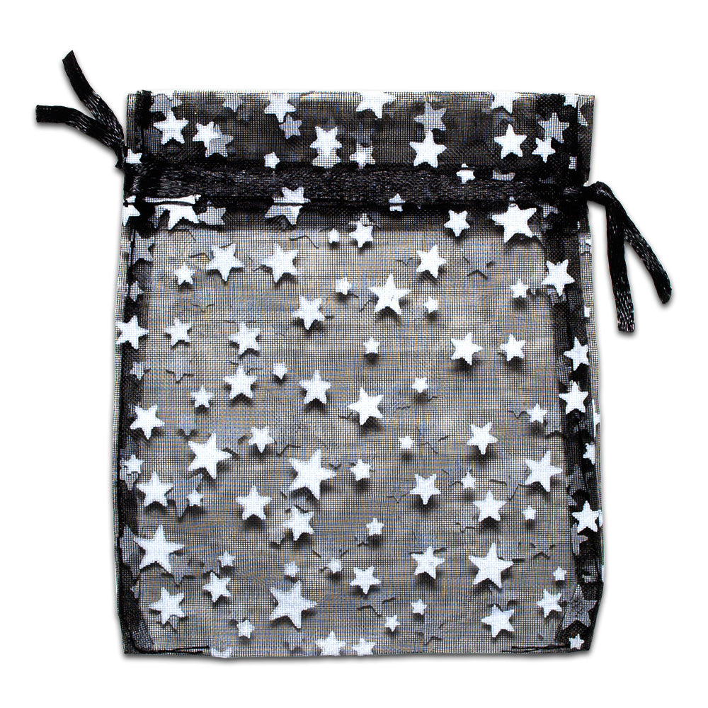 Black with White Star Organza Drawstring Pouch Gift Bags