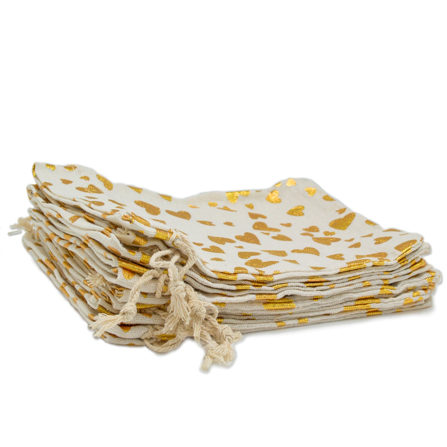 3" x 4" Cotton Muslin Gold Heart Drawstring Gift Bags