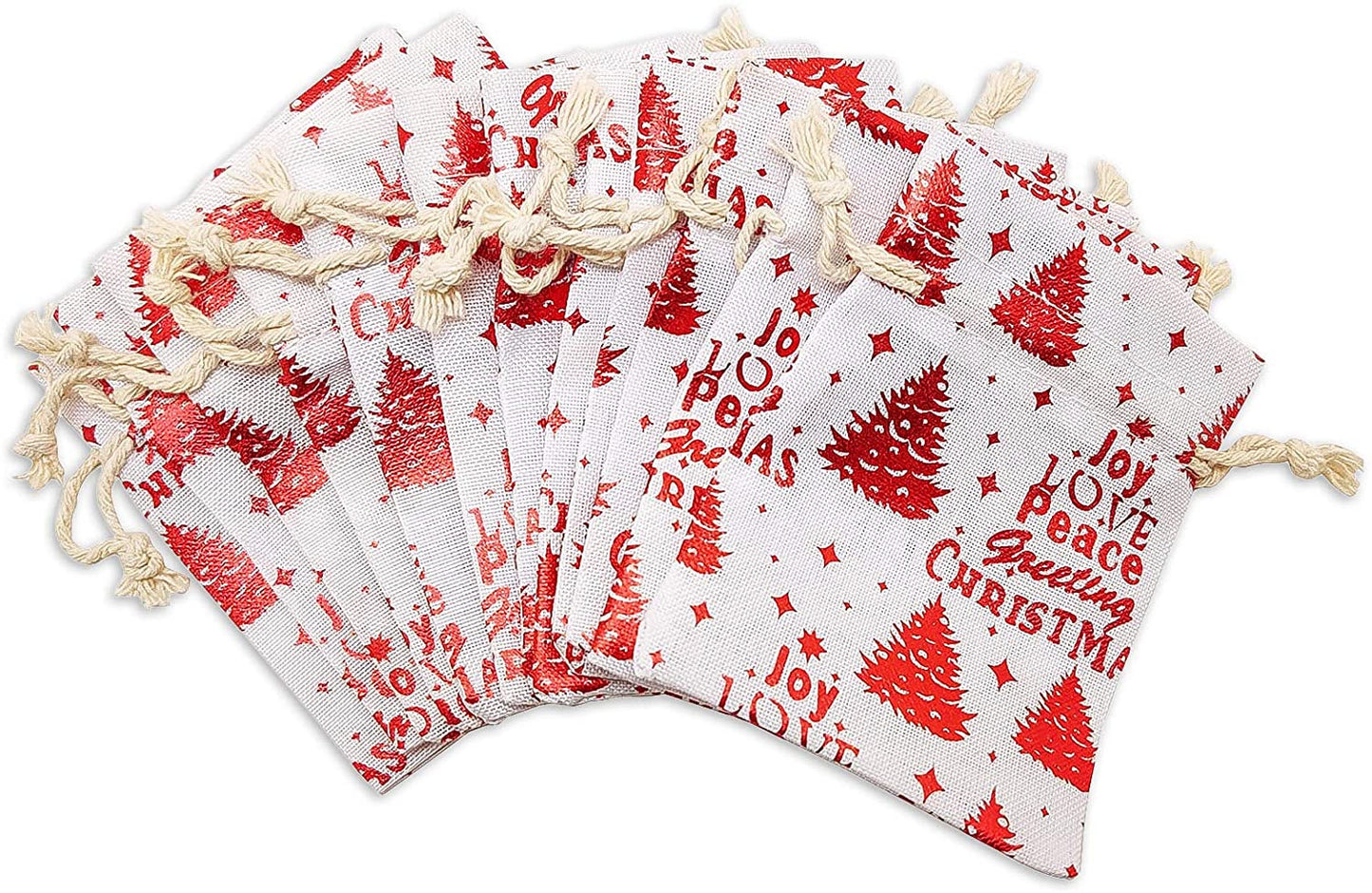 3" x 4" Cotton Muslin Red Christmas Tree Drawstring Gift Bags