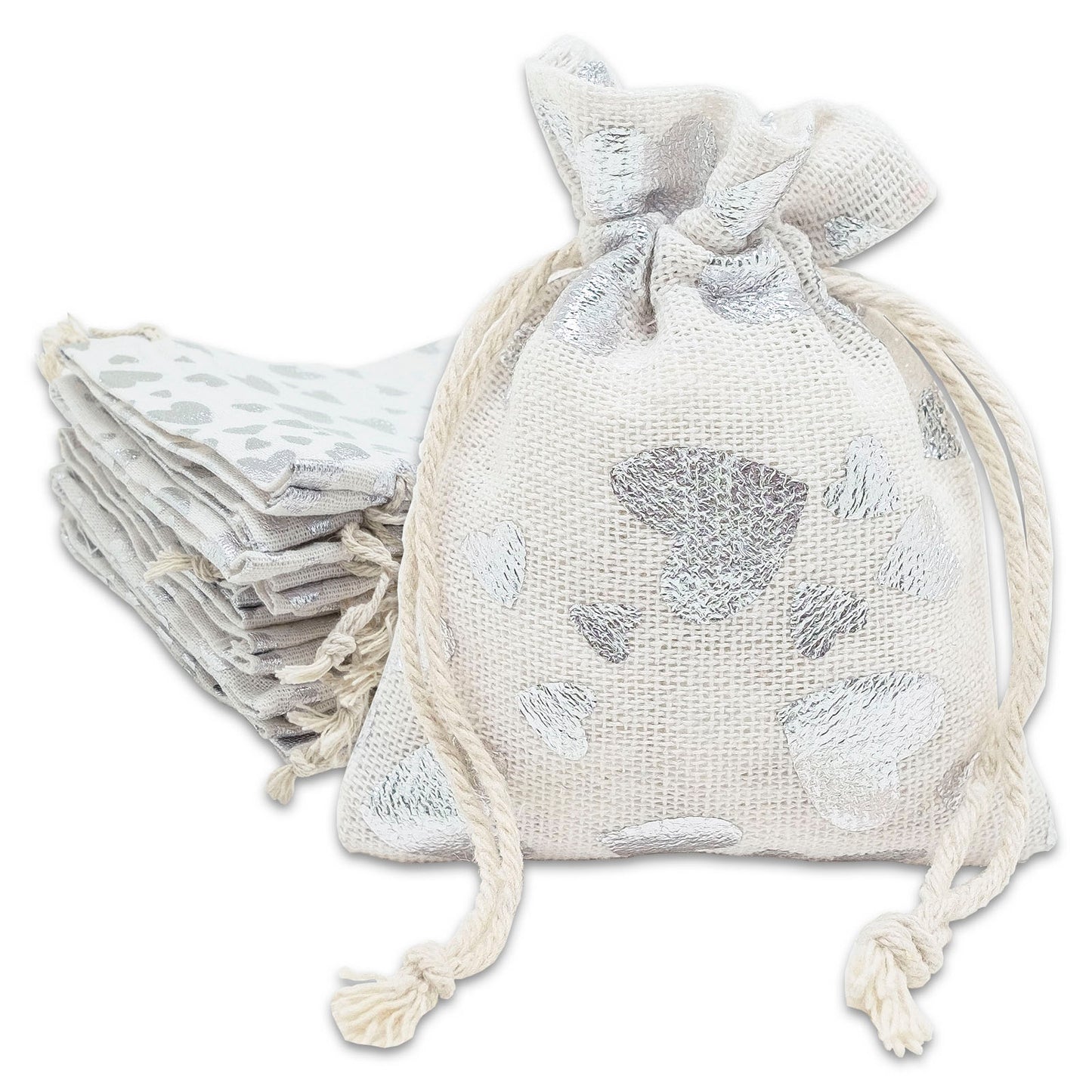 3" x 4" Cotton Muslin Silver Heart Drawstring Gift Bags