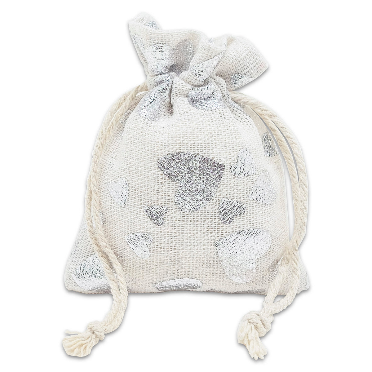3" x 4" Cotton Muslin Silver Heart Drawstring Gift Bags