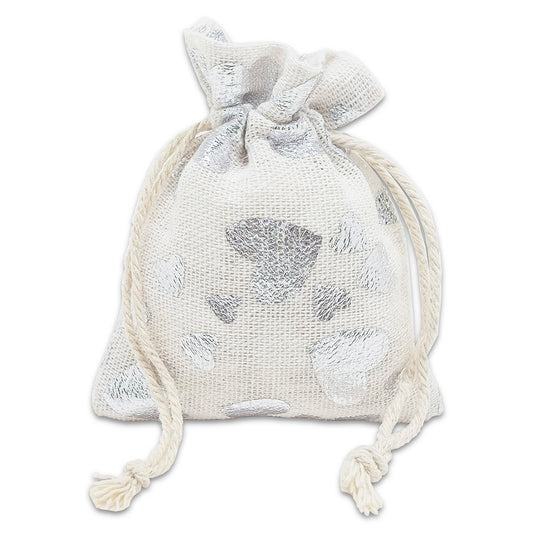 3" x 4" Cotton Muslin Silver Heart Drawstring Gift Bags