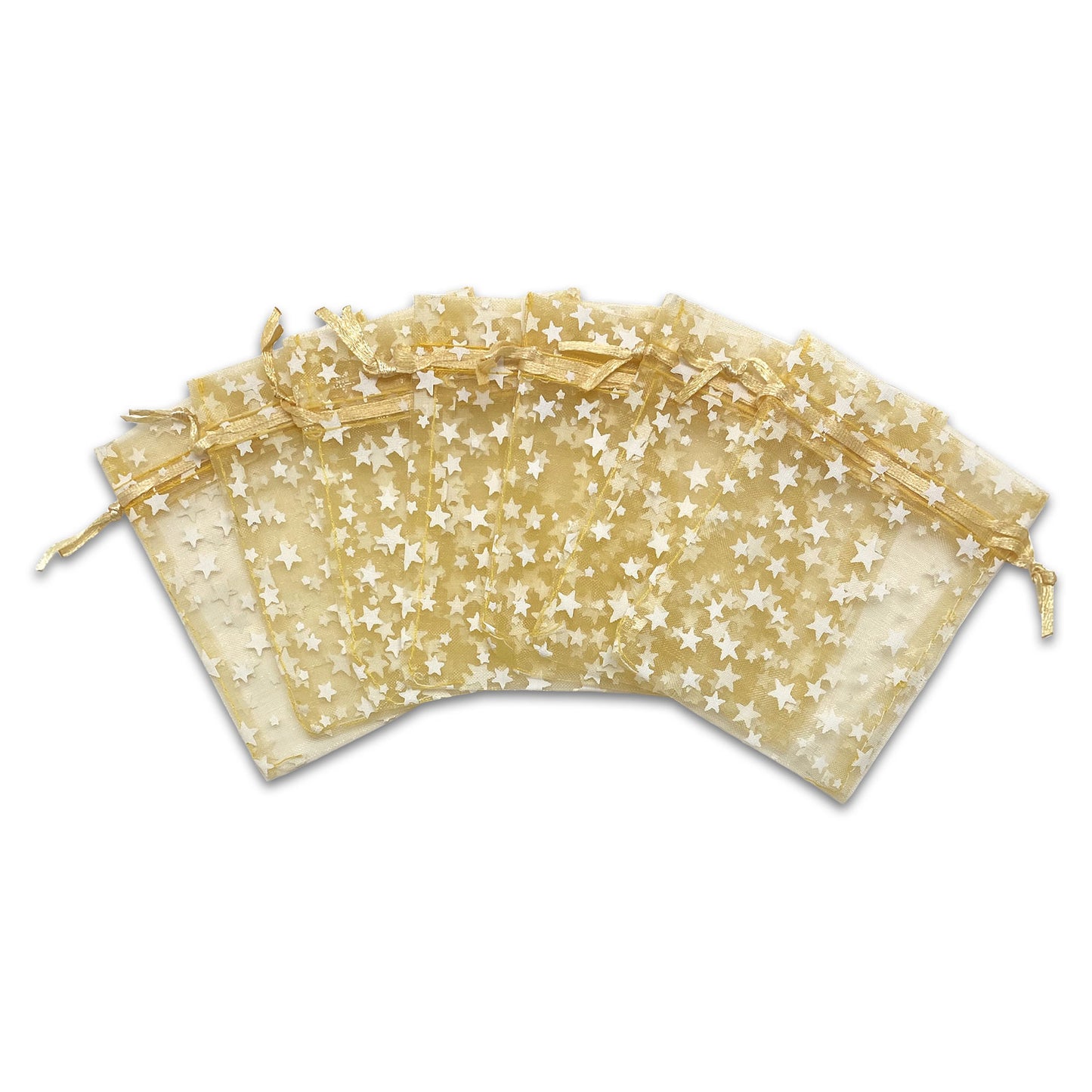 Gold with White Star Organza Drawstring Pouch Gift Bags