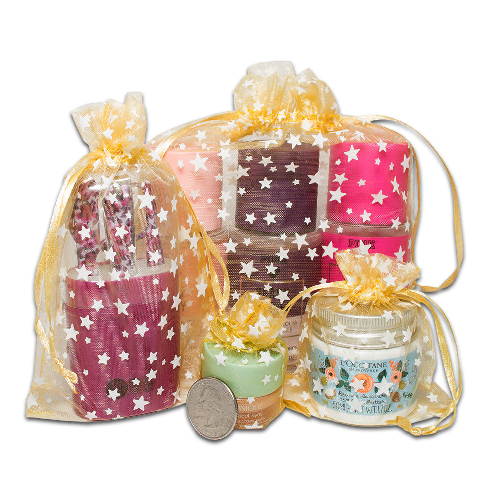 Gold with White Star Organza Drawstring Pouch Gift Bags