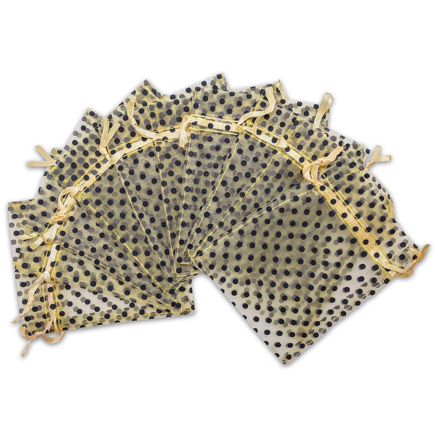 Gold with Black Polka Dot Organza Drawstring Pouch Gift Bags