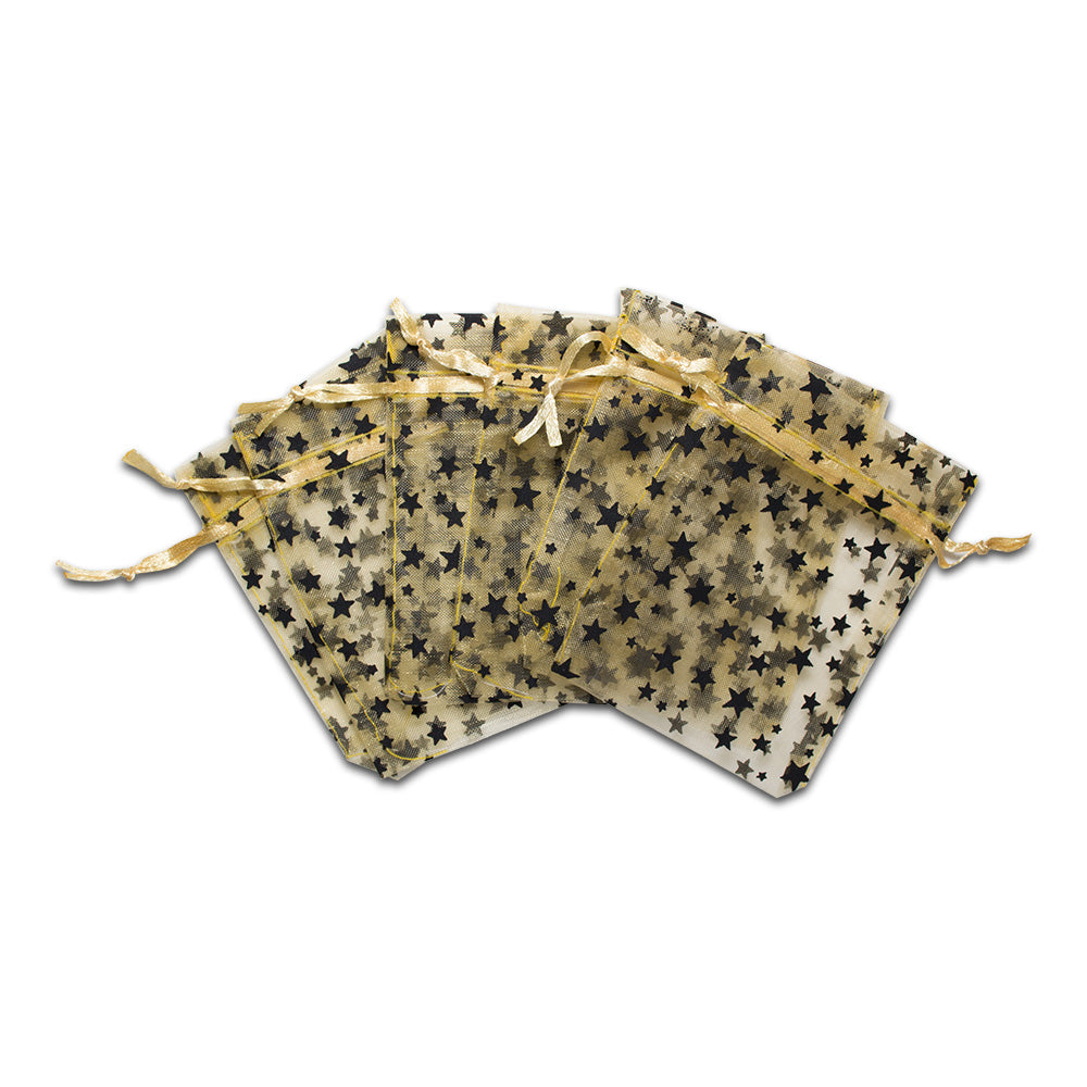 Gold with Black Star Organza Drawstring Pouch Gift Bags
