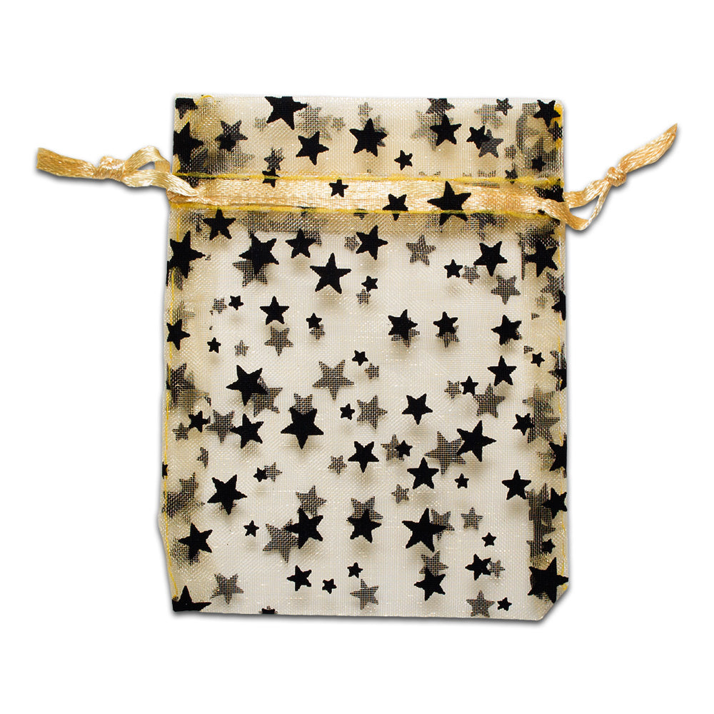 Gold with Black Star Organza Drawstring Pouch Gift Bags