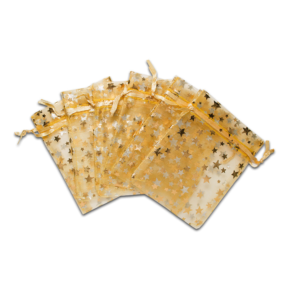 Gold with Gold Star Organza Drawstring Pouch Gift Bags