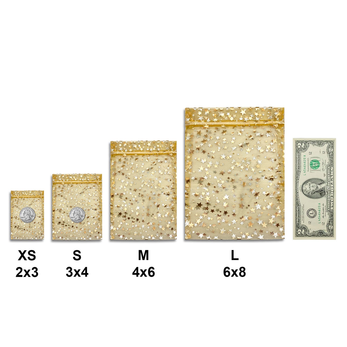Gold with Gold Star Organza Drawstring Pouch Gift Bags