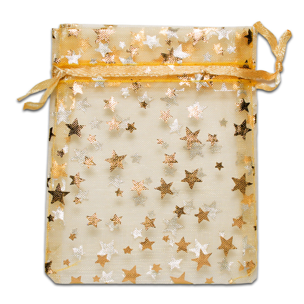 Gold with Gold Star Organza Drawstring Pouch Gift Bags