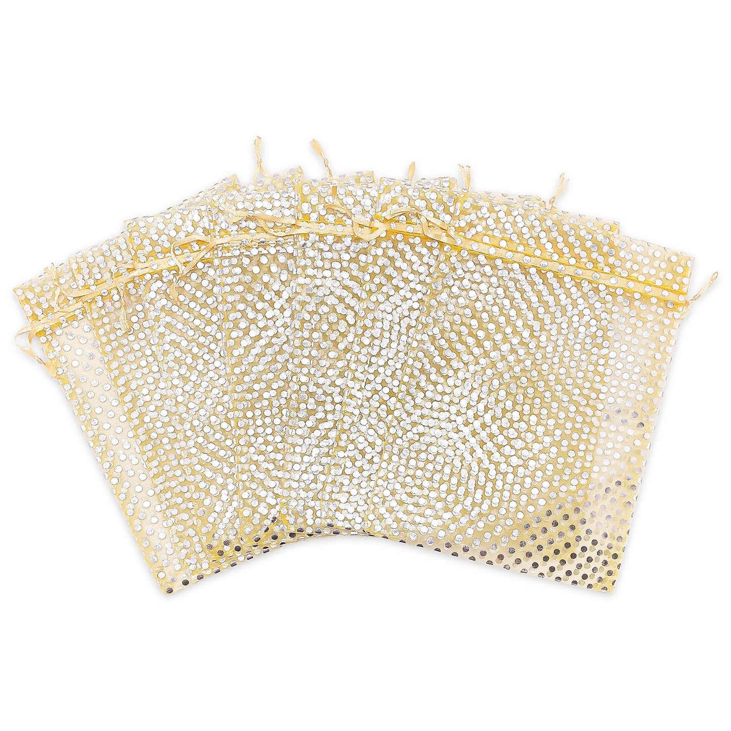 Gold with Silver Polka Dot Organza Drawstring Pouch Gift Bags