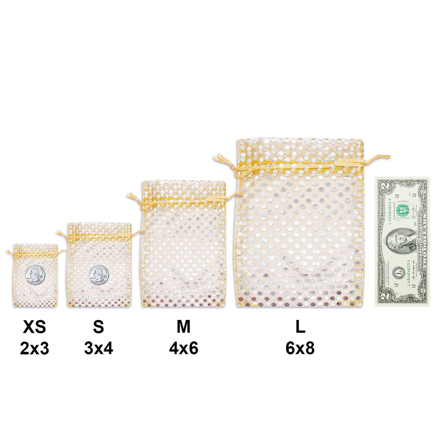 Gold with Silver Polka Dot Organza Drawstring Pouch Gift Bags