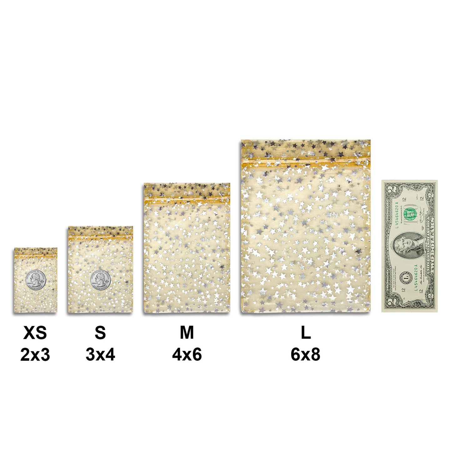 Gold with Silver Star Organza Drawstring Pouch Gift Bags