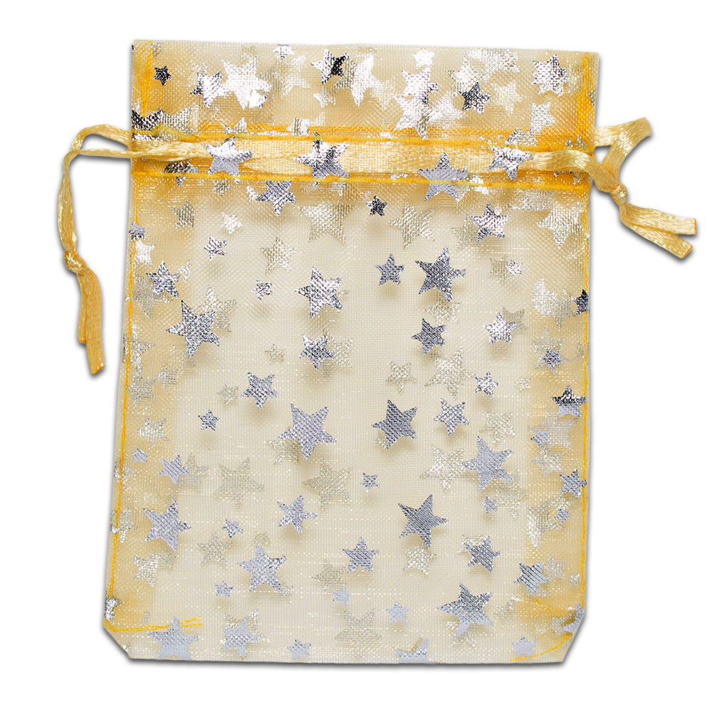 Gold with Silver Star Organza Drawstring Pouch Gift Bags