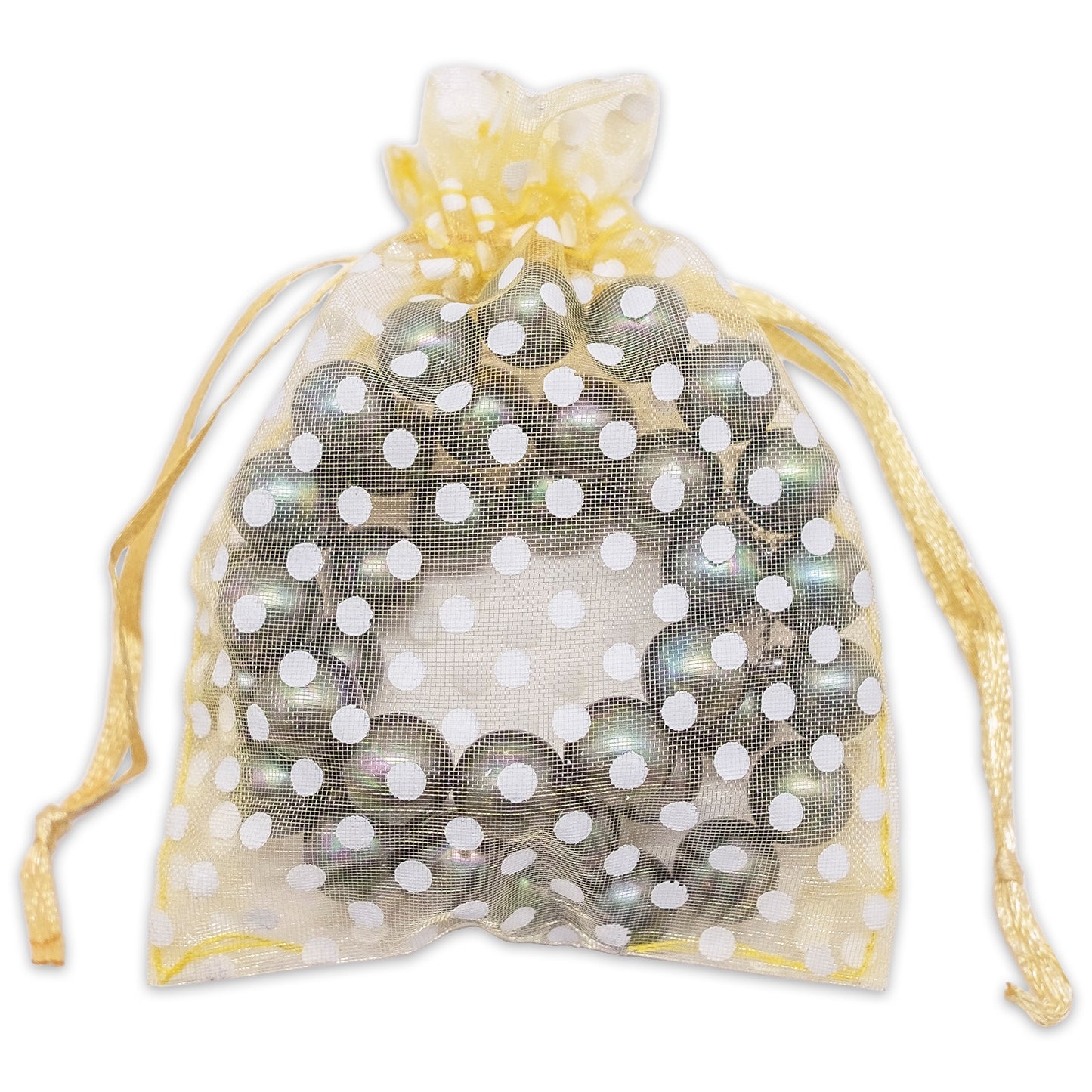 Gold with White Polka Dot Organza Drawstring Pouch Gift Bags