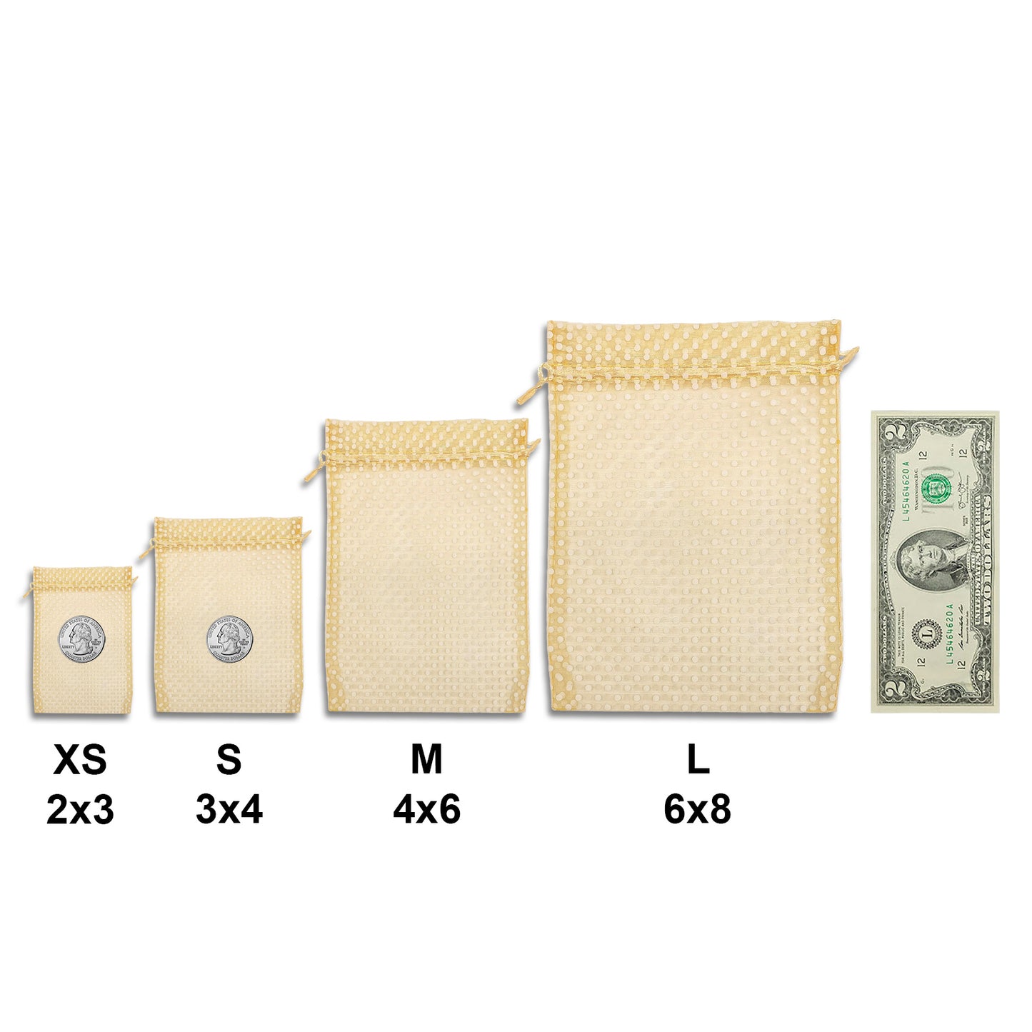 Gold with White Polka Dot Organza Drawstring Pouch Gift Bags