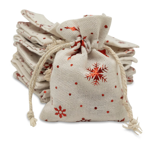 3" x 4" Cotton Muslin Red Snowflake Drawstring Gift Bags