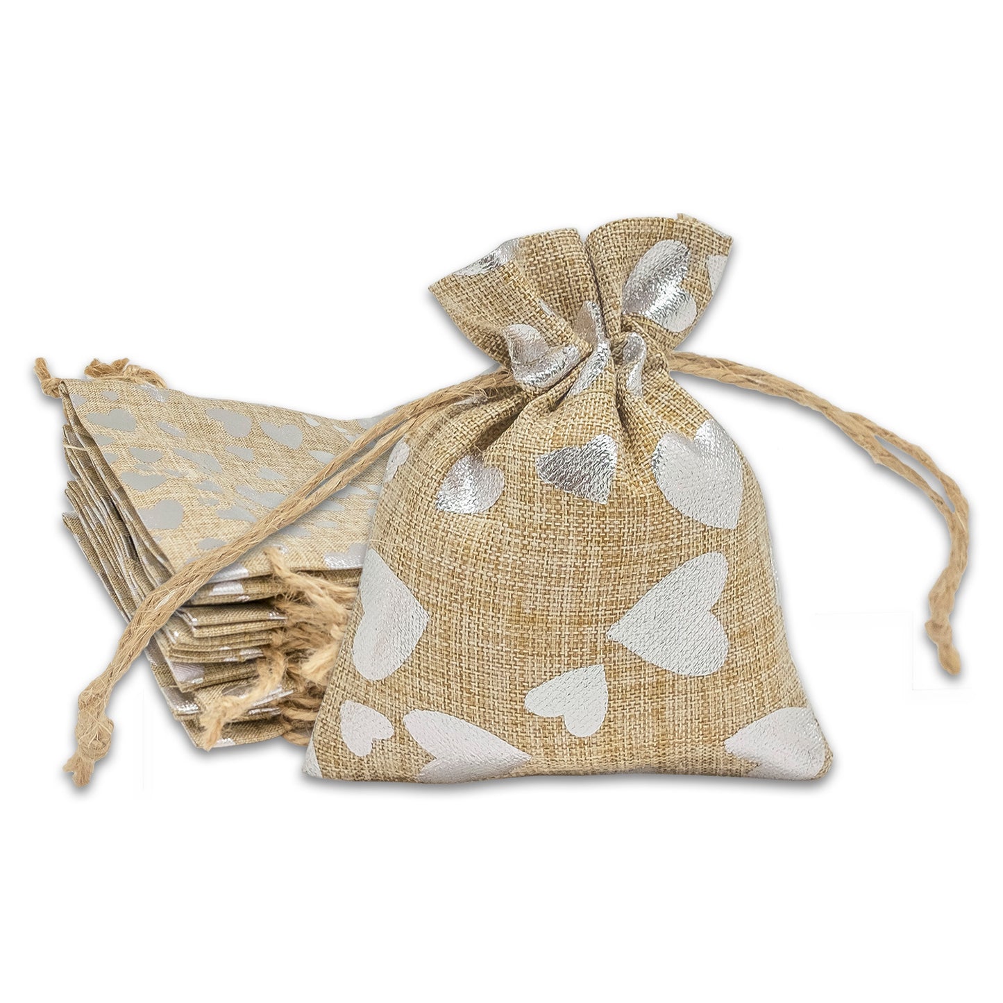 3" x 4" Jute Burlap Silver Heart Drawstring Gift Bags