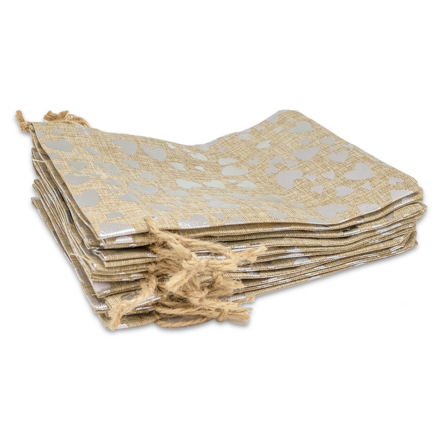 3" x 4" Jute Burlap Silver Heart Drawstring Gift Bags