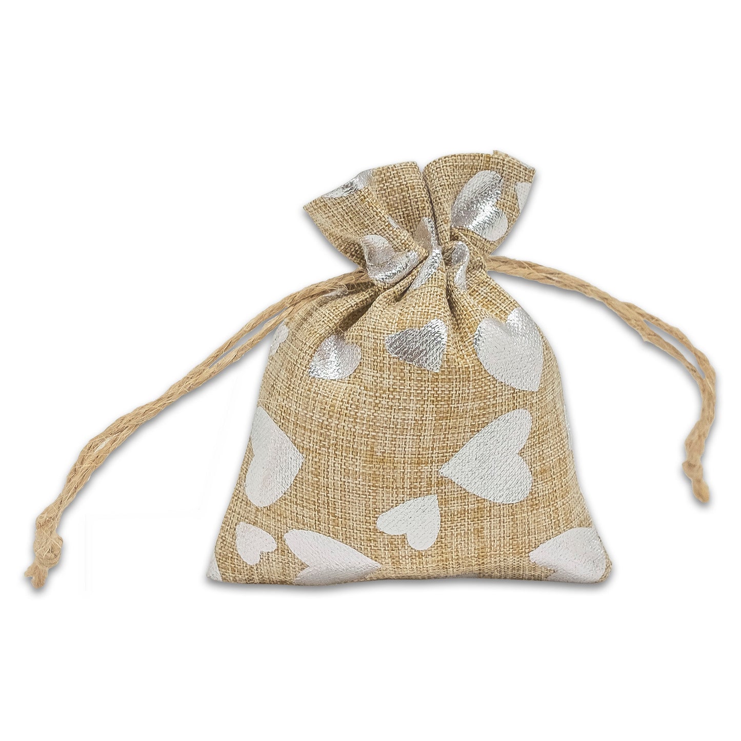 3" x 4" Jute Burlap Silver Heart Drawstring Gift Bags