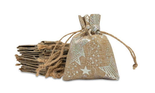 3" x 4" Jute Burlap Silver Star Drawstring Gift Bags