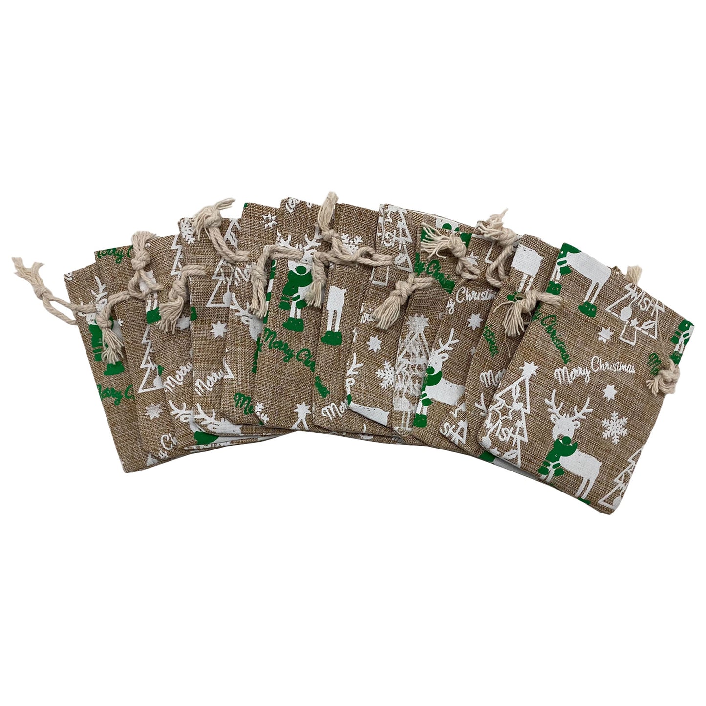 3" x 4" Jute Burlap White Reindeer Christmas Drawstring Gift Bags