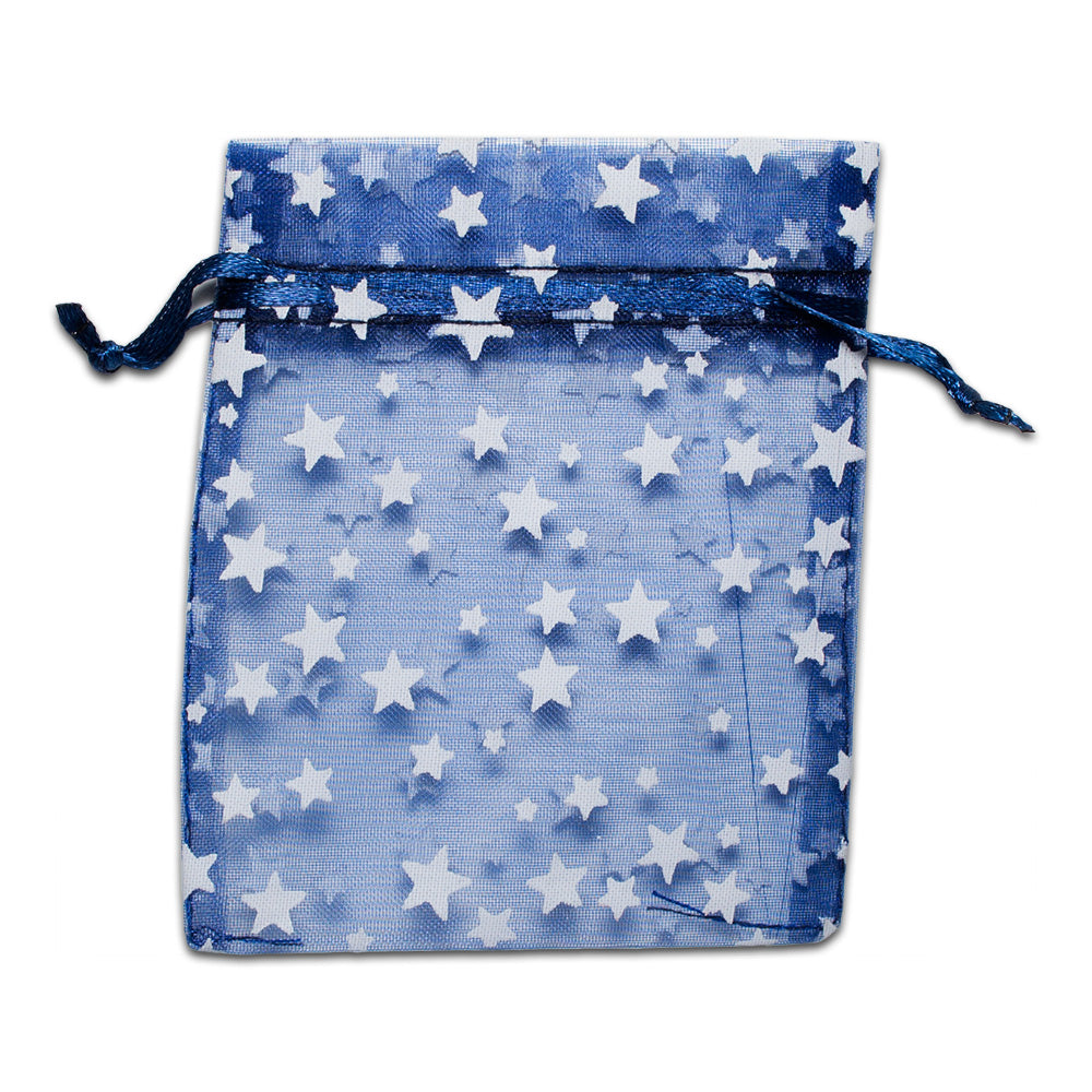Navy with White Star Organza Drawstring Pouch Gift Bags