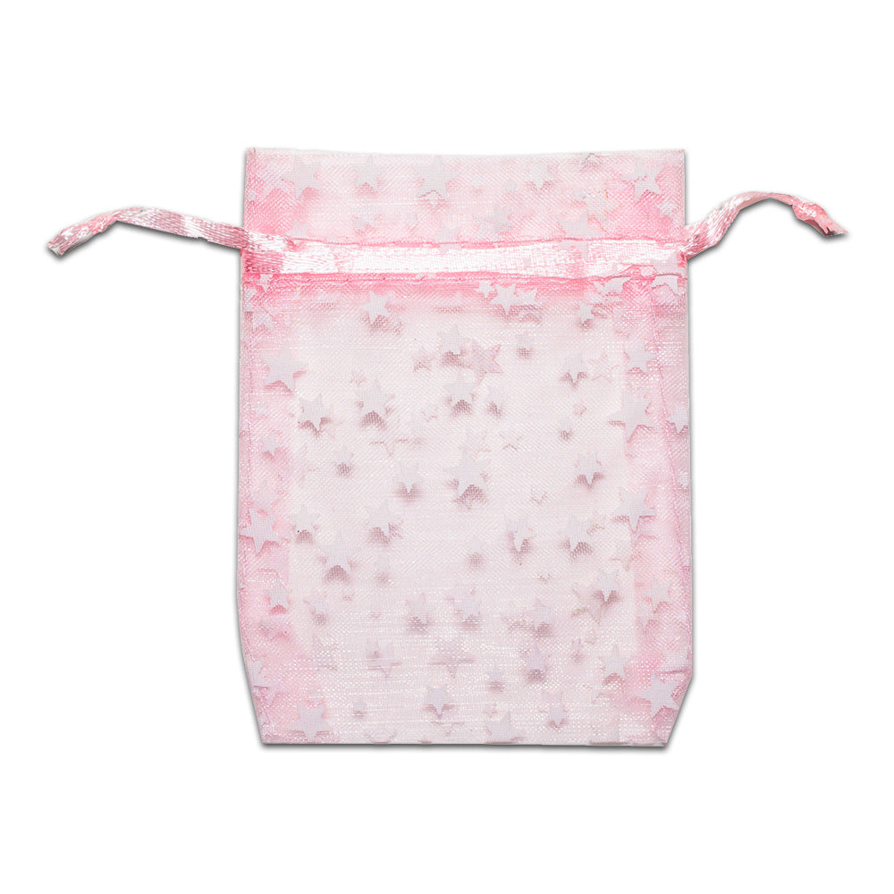 Pink with White Star Organza Drawstring Pouch Gift Bags