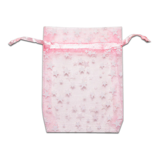 Pink with White Star Organza Drawstring Pouch Gift Bags