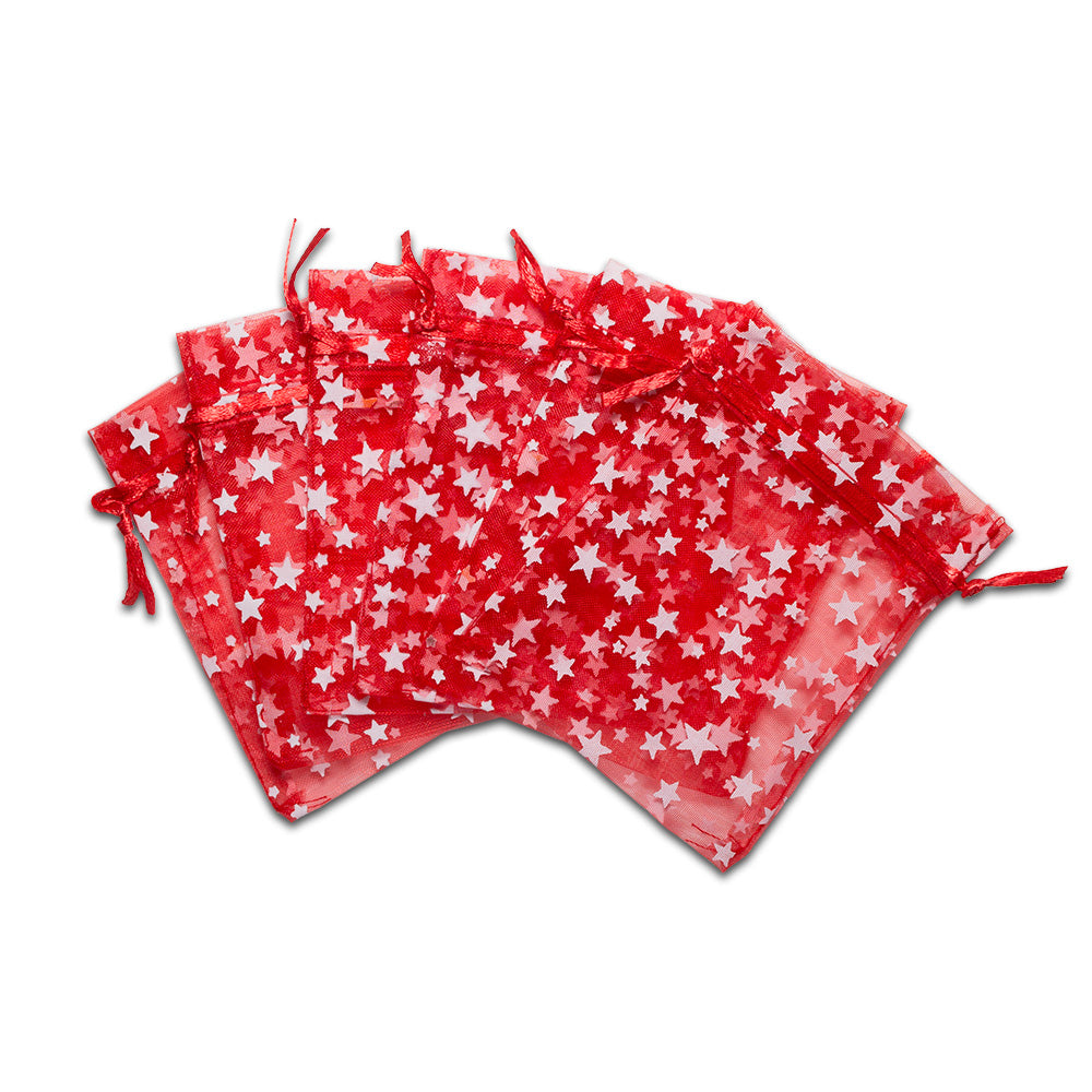 Red with White Star Organza Drawstring Pouch Gift Bags