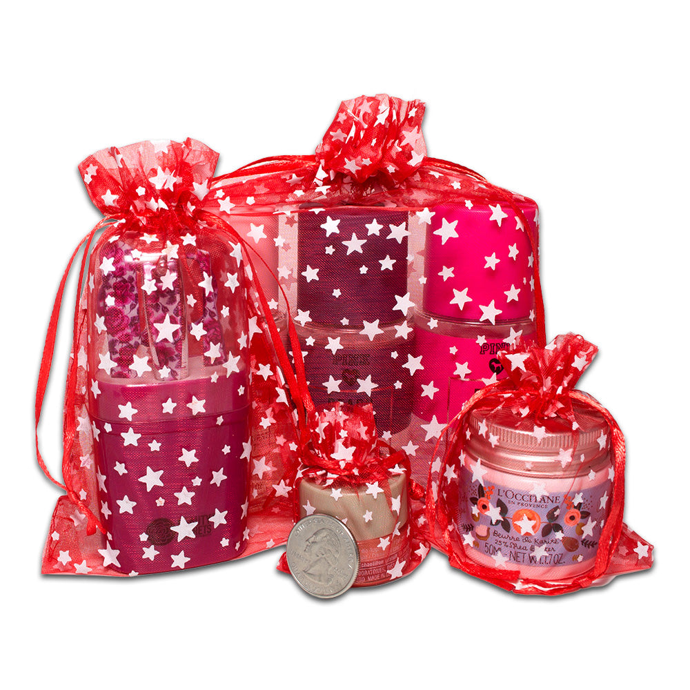 Red with White Star Organza Drawstring Pouch Gift Bags