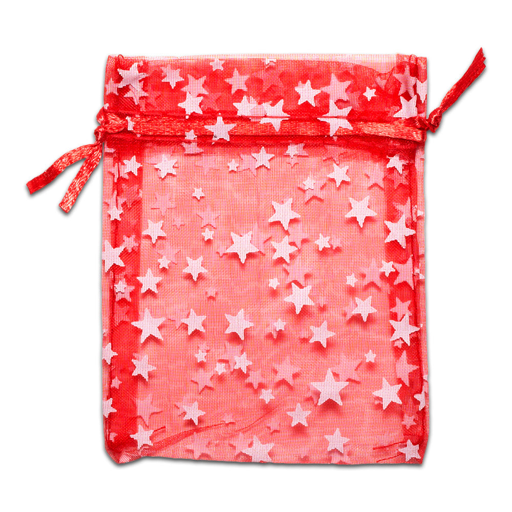 Red with White Star Organza Drawstring Pouch Gift Bags