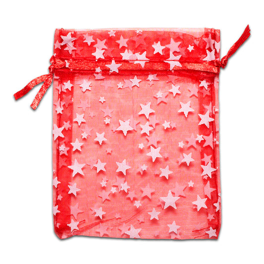 Red with White Star Organza Drawstring Pouch Gift Bags