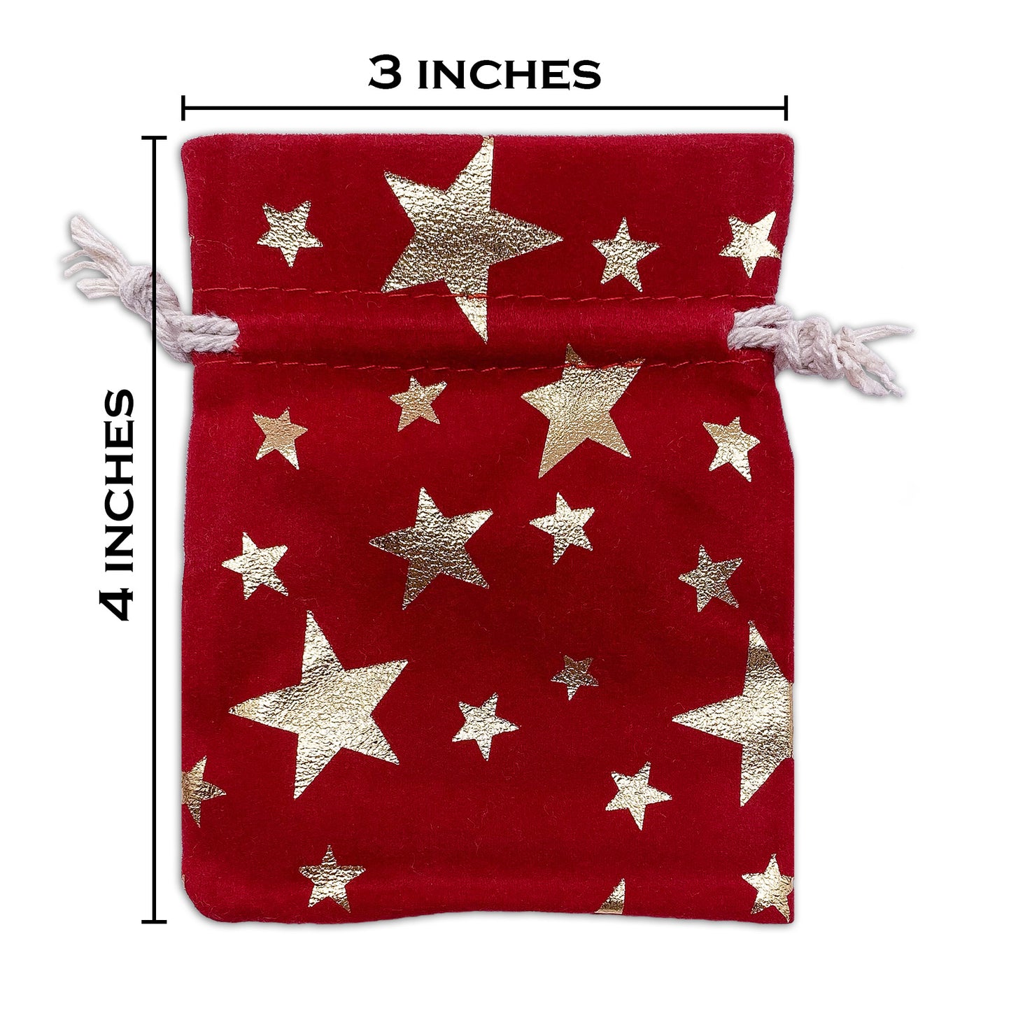 3" x 4" Red Velvet Gold Star Drawstring Gift Bags