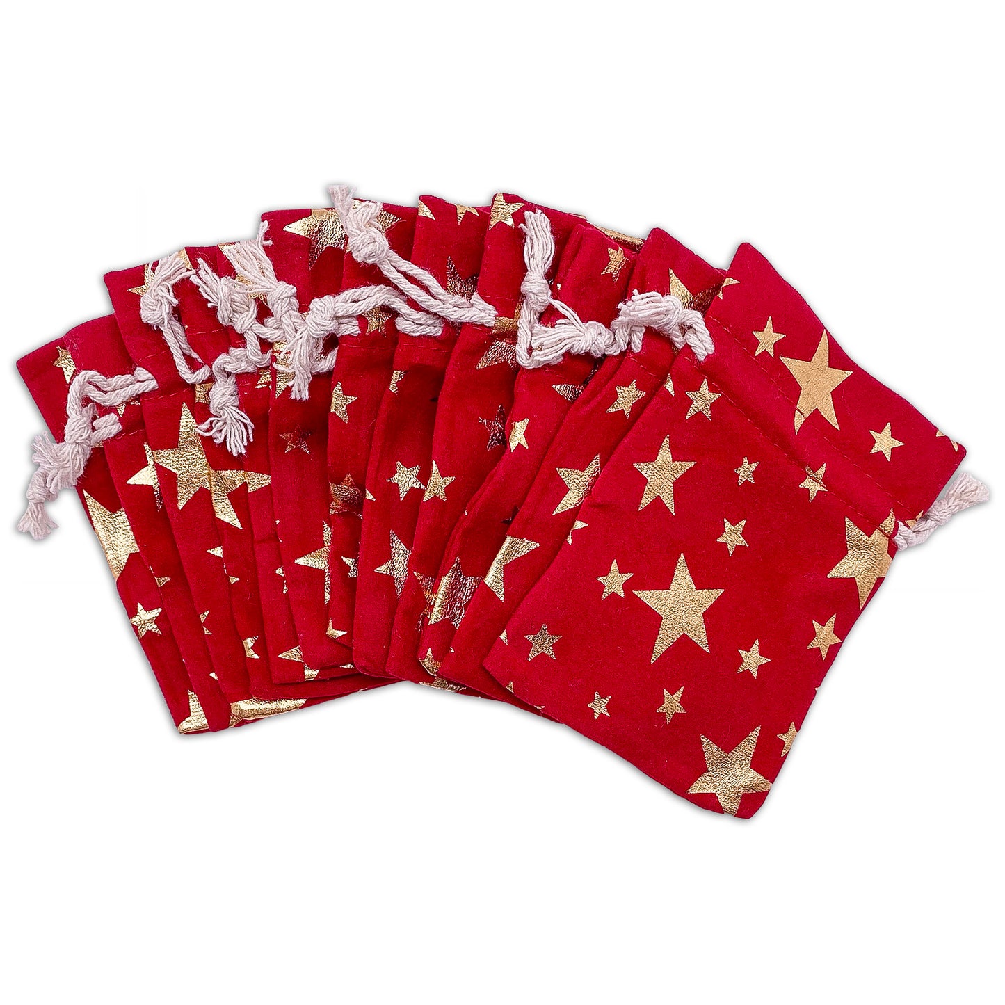 3" x 4" Red Velvet Gold Star Drawstring Gift Bags