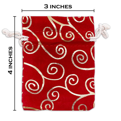 3" x 4" Red Velvet Gold Swirl Christmas Drawstring Gift Bags