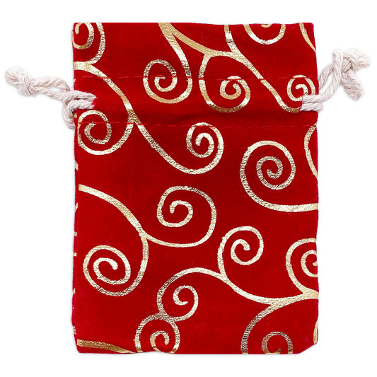 3" x 4" Red Velvet Gold Swirl Christmas Drawstring Gift Bags